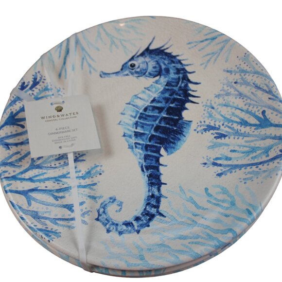 Wind & Water Coastal Dinner Plates Seahorse Coral Set of 4 Melamine 11" Blue NWT - Picture 1 of 8
